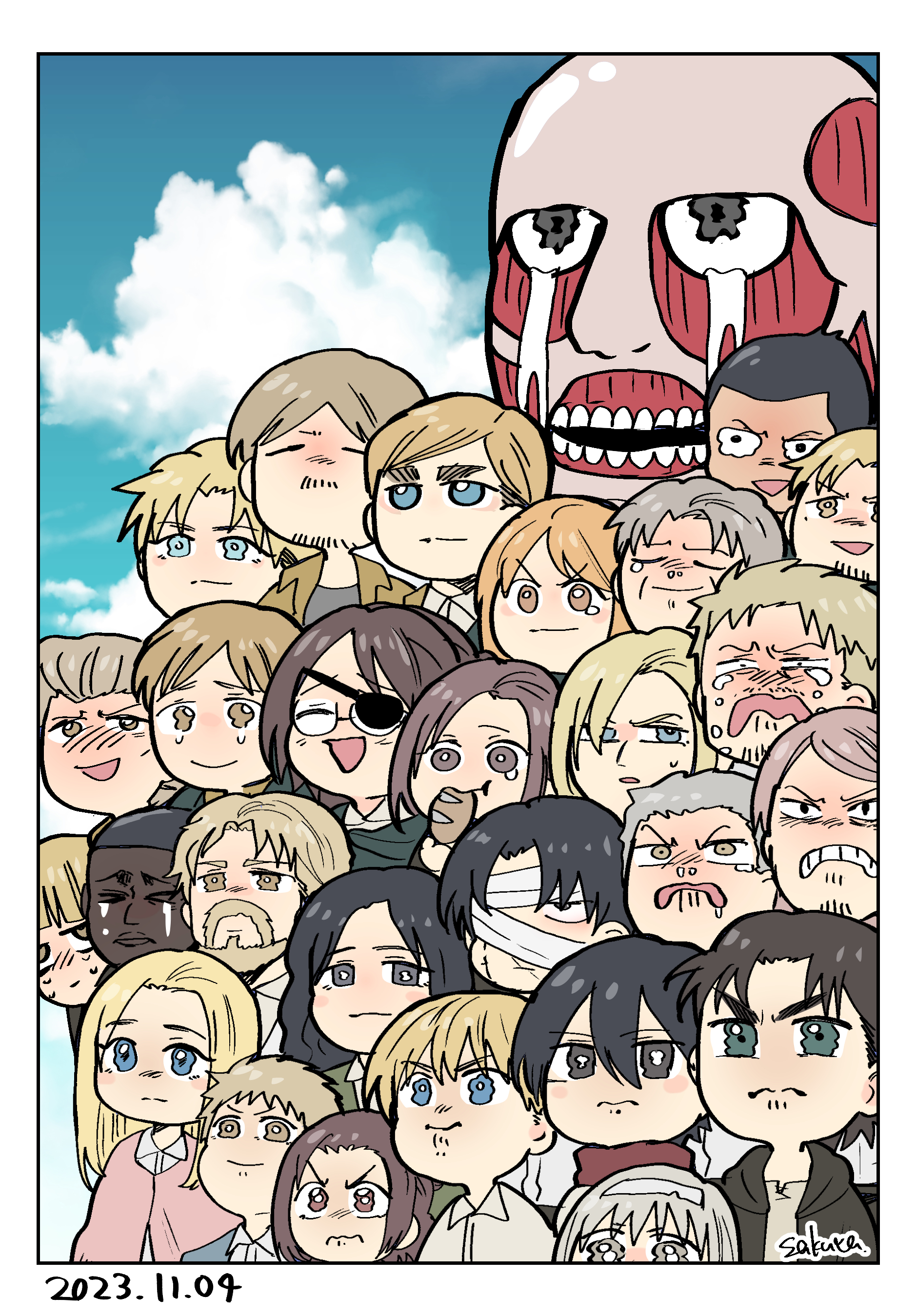 6+boys 6+girls absurdres annie_leonhart armin_arlert auruo_bossard bertolt_hoover chibi krista_lenz colossal_titan connie_springer crying dark-skinned_male dark_skin dated erd_gin eren_yeager erwin_smith expressionless facial_hair frown gabi_braun goatee_stubble group_picture gunter_shulz hange_zoe happy_tears highres jean_kirstein levi_(shingeki_no_kyojin) mikasa_ackerman mike_zakarius moblit_berner multiple_boys multiple_girls nanaba onyankopon_(shingeki_no_kyojin) petra_ral pieck_finger porco_galliard reiner_braun sa_ku_ra_0104 sad sasha_blouse shingeki_no_kyojin stubble tearing_up tears titan_(shingeki_no_kyojin) wavy_eyes yelena_(shingeki_no_kyojin) ymir_fritz zeke_yeager