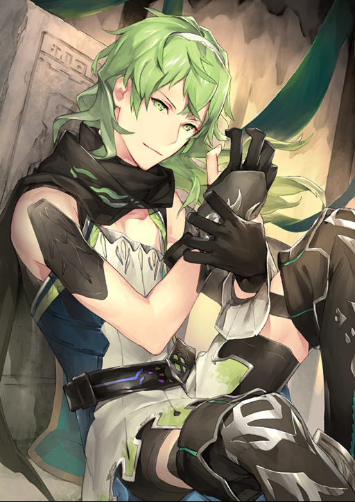 1boy belt black_belt black_boots black_gloves black_scarf black_shorts boots closed_mouth david_(fate) david_(third_ascension)_(fate) dutch_angle fate/grand_order fate_(series) feet_out_of_frame ginka_sima gloves green_eyes green_hair hairband holding_own_wrist knee_up light_smile long_hair looking_at_viewer male_focus official_art partially_fingerless_gloves scarf shorts sleeveless solo thigh_boots thigh_strap third-party_source tunic v-shaped_eyebrows white_hairband