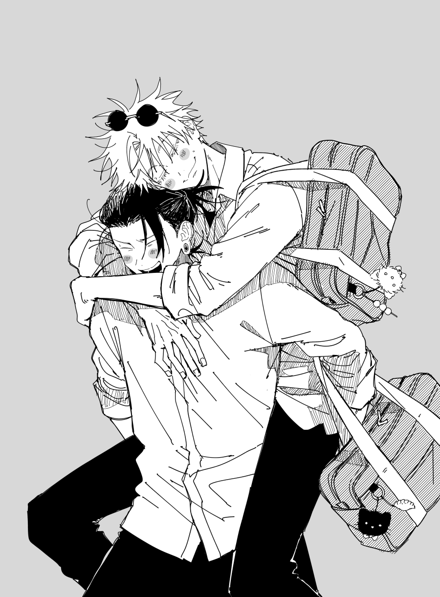 arms_around_neck bag blush carrying charm_(object) closed_eyes closed_mouth earrings eyewear_on_head feet_out_of_frame getou_suguru gojou_satoru grey_background greyscale highres jewelry jujutsu_kaisen lunchsetb monochrome open_mouth pants piercing piggyback plug_(piercing) ponytail rimless_eyewear round_eyewear shirt short_hair short_sleeves shoulder_bag simple_background sleeve_cuffs sleeves_rolled_up smile sunglasses teeth upper_teeth_only