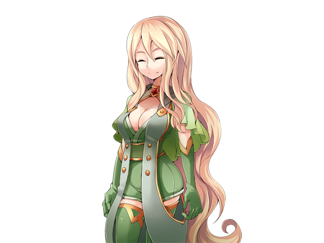 1girl arms_at_sides blonde_hair blue_eyes breasts cleavage closed_eyes closed_mouth detached_sleeves frfr game_cg gem gold_trim green_sleeves green_thighhighs hair_between_eyes jewelry large_breasts light_smile long_hair micaela_(mon-musu_quest!) mon-musu_quest! mon-musu_quest:_paradox nose red_gemstone solo thighhighs variant_set very_long_hair