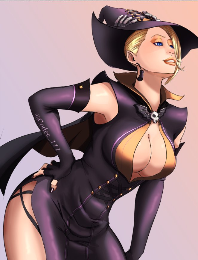 1girl bent_over blonde_hair blue_eyes breasts cape cleavage cleavage_cutout clothing_cutout codec111 codec_111 dress earrings female_focus gloves halloween halloween_costume hand_on_own_hip hat jewelry large_breasts latex leather long_hair mature_(kof) pale_skin skirt smile smiley_face solo standing the_king_of_fighters thick_lips witch witch_hat