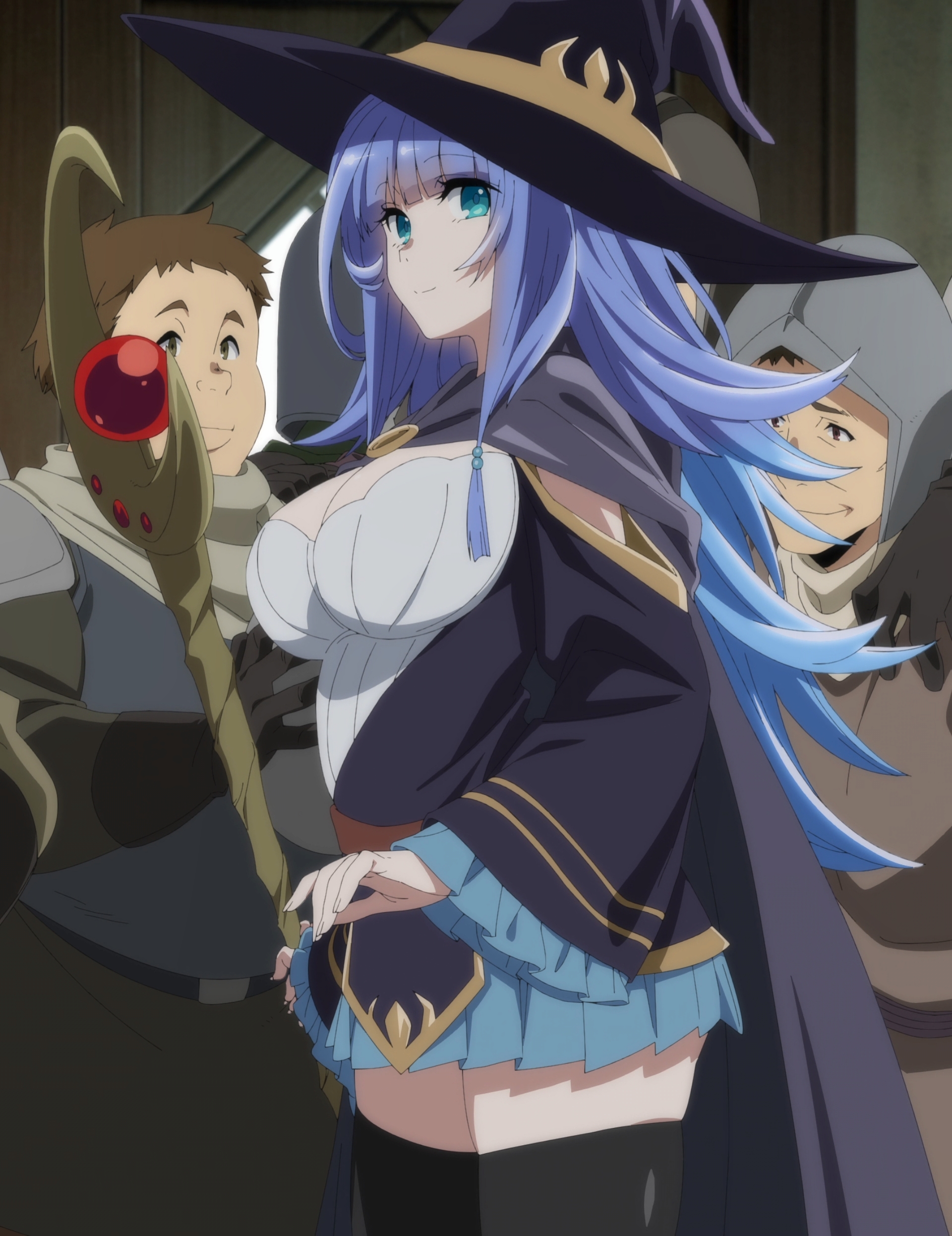 charlotte wraith, tensei kizoku kantei skill de nariagaru, absurdres, anime  screenshot, highres, stitched, third-party edit, 1girl, 2boys, black robe,  black thighhighs, blue eyes, blue hair, blue skirt, breasts, cape,  cleavage, hat, large