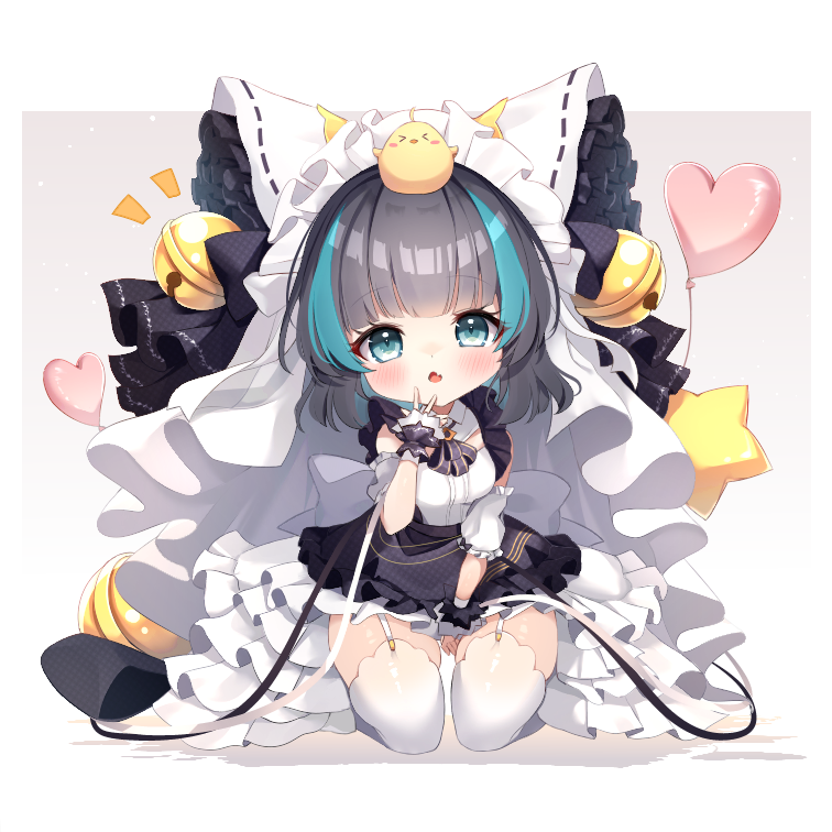 1girl :o animal animal_on_head azur_lane balloon bell between_legs bird black_hair black_skirt blue_hair blush breasts chibi chick commentary_request frilled_skirt frills garter_straps green_eyes hair_bell hair_ornament hand_between_legs heart_balloon jingle_bell little_cheshire_(azur_lane) looking_at_viewer manjuu_(azur_lane) medium_breasts multicolored_hair on_head open_mouth shiira_(nya_rl) shirt skirt solo star_(symbol) streaked_hair thighhighs white_shirt white_thighhighs wrist_cuffs