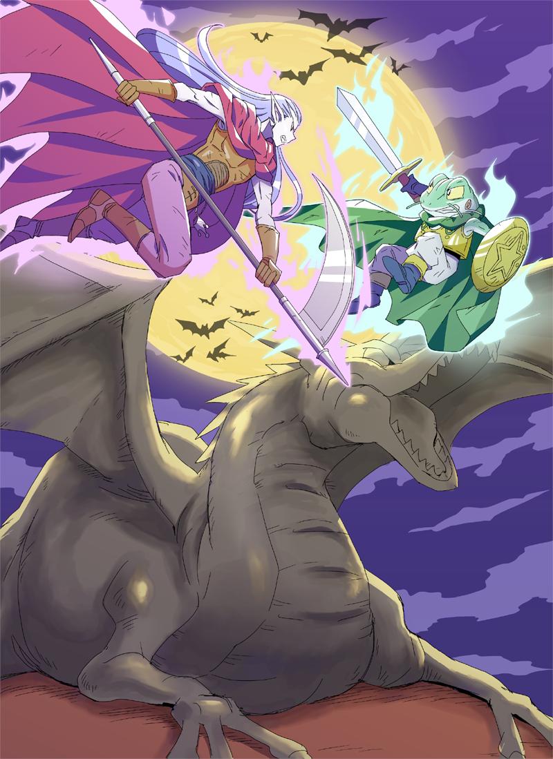 2boys aura bat_(animal) blue_footwear boots brown_footwear brown_gloves brown_shirt cape chrono_trigger dragon_statue duel fighting flying frog_(chrono_trigger) frog_boy full_body full_moon gloves green_cape holding holding_scythe holding_shield holding_sword holding_weapon long_hair looking_at_another magus_(chrono_trigger) mai_iwaizumi male_focus moon multiple_boys night outdoors pants purple_pants purple_sky red_cape scythe shield shirt sky statue sword third-party_source weapon white_pants