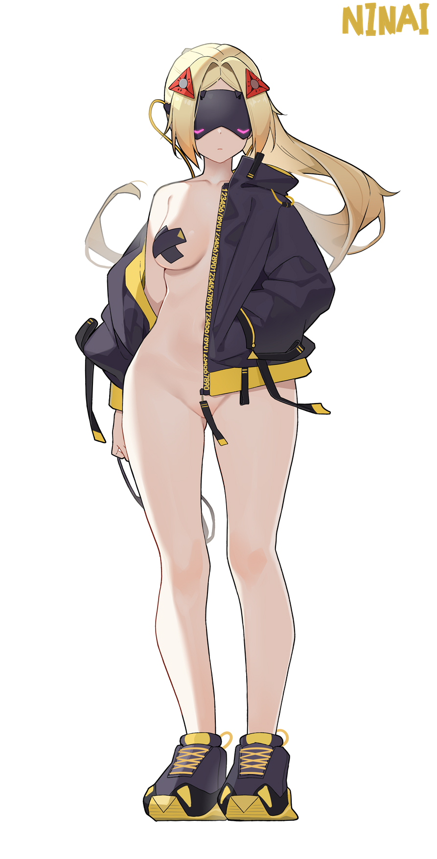 1girl bare_shoulders black_jacket black_shrug blindfold blonde_hair covered_eyes eye_mask full_body hair_ornament hairclip highres jacket long_hair ninai no_bra no_panties open_clothes open_jacket shoes shrug_(clothing) sneakers trigger_(zenless_zone_zero) zenless_zone_zero zipper_pull_tab