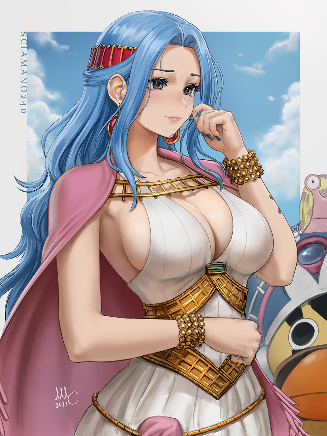 1girl bird blue_eyes blue_hair border bracelet breasts cleavage dress duck duplicate earrings highres jewelry karoo_(one_piece) large_breasts long_hair nefertari_vivi one_piece sciamano240 sideboob smile solo_focus tattoo white_border