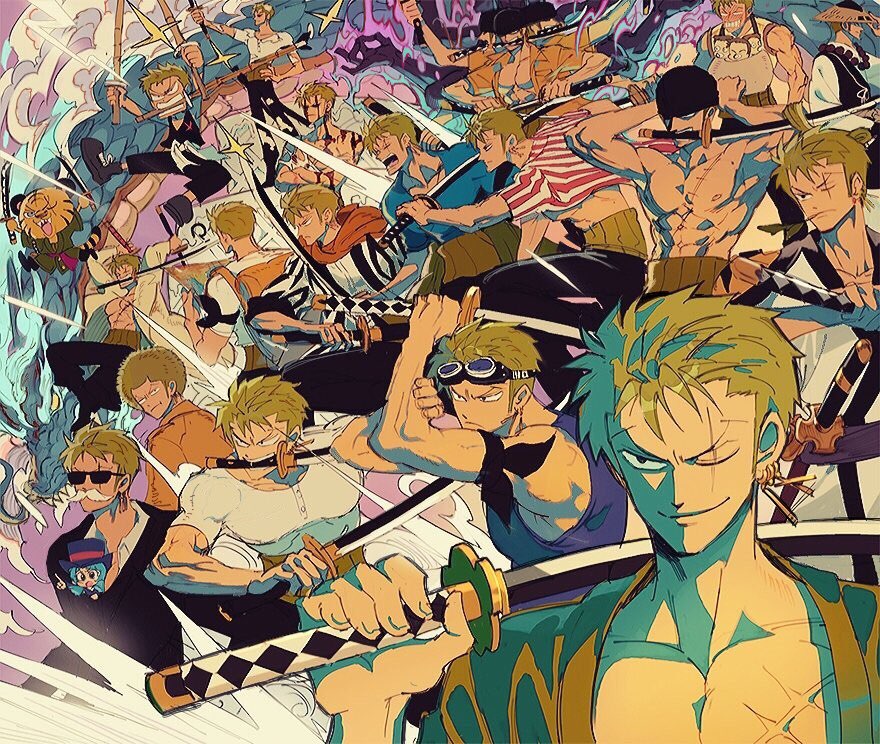 1boy 1girl abs aged_down ashura_(one_piece) baby bandana bandana_around_arm black_bandana black_suit blue_hair blue_tank_top cloud commentary_request crossed_arms earrings fake_facial_hair fake_mustache formal_clothes goggles goggles_on_head green_kimono haramaki hat holding holding_sword holding_weapon japanese_clothes jewelry kimono looking_ahead male_focus multiple_views one_piece roronoa_zoro runa_(nori31291404) scar scar_across_eye scar_on_chest scar_on_face shirt smile sparkle striped_clothes striped_shirt suit sunglasses sword t-shirt tank_top topless_male vertical-striped_clothes vertical-striped_shirt weapon weapon_in_mouth white_shirt wicca_(one_piece)