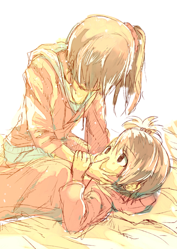 2girls blue_shorts brown_eyes brown_hair covered_mouth full_body futami_ami futami_mami hair_bobbles hair_ornament hair_over_eyes hair_scrunchie hand_on_another&#039;s_cheek hand_on_another&#039;s_face holding_another&#039;s_wrist hood hood_down hoodie idolmaster idolmaster_(classic) kneeling long_hair long_sleeves lying multiple_girls on_back on_bed one_side_up red_hoodie red_scrunchie scrunchie shorts siblings side_ponytail sisters tareme twins upper_body white_background yae_(mono110)
