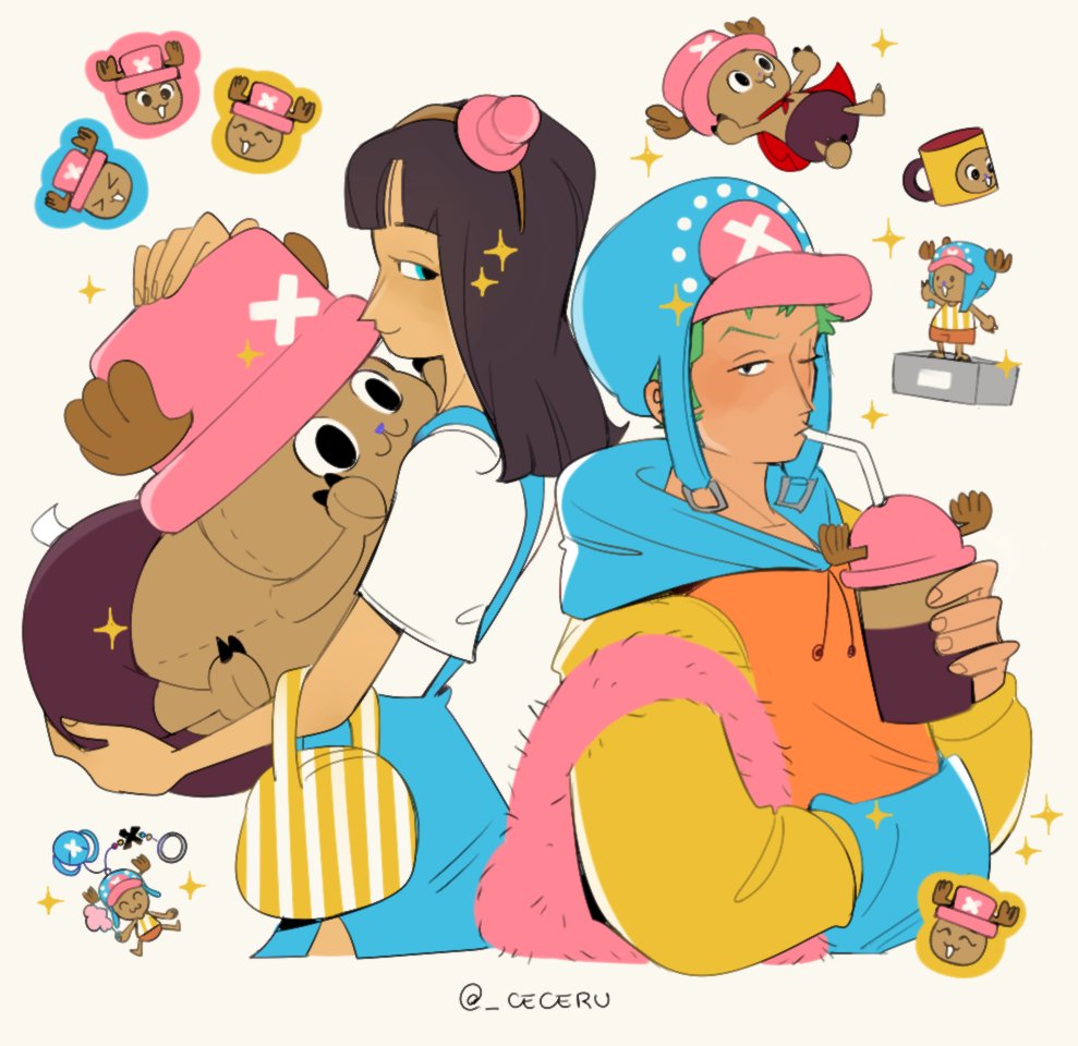 1boy 1girl antlers bag black_hair blue_eyes blunt_bangs cesel charm_(object) commentary cowboy_shot cross cup drinking_straw figure green_hair hand_in_pocket handbag hat hood hoodie horns looking_at_viewer medium_hair nico_robin one_piece pink_hat reindeer_antlers roronoa_zoro soda sparkle sticker stuffed_toy tony_tony_chopper twitter_username v-shaped_eyebrows