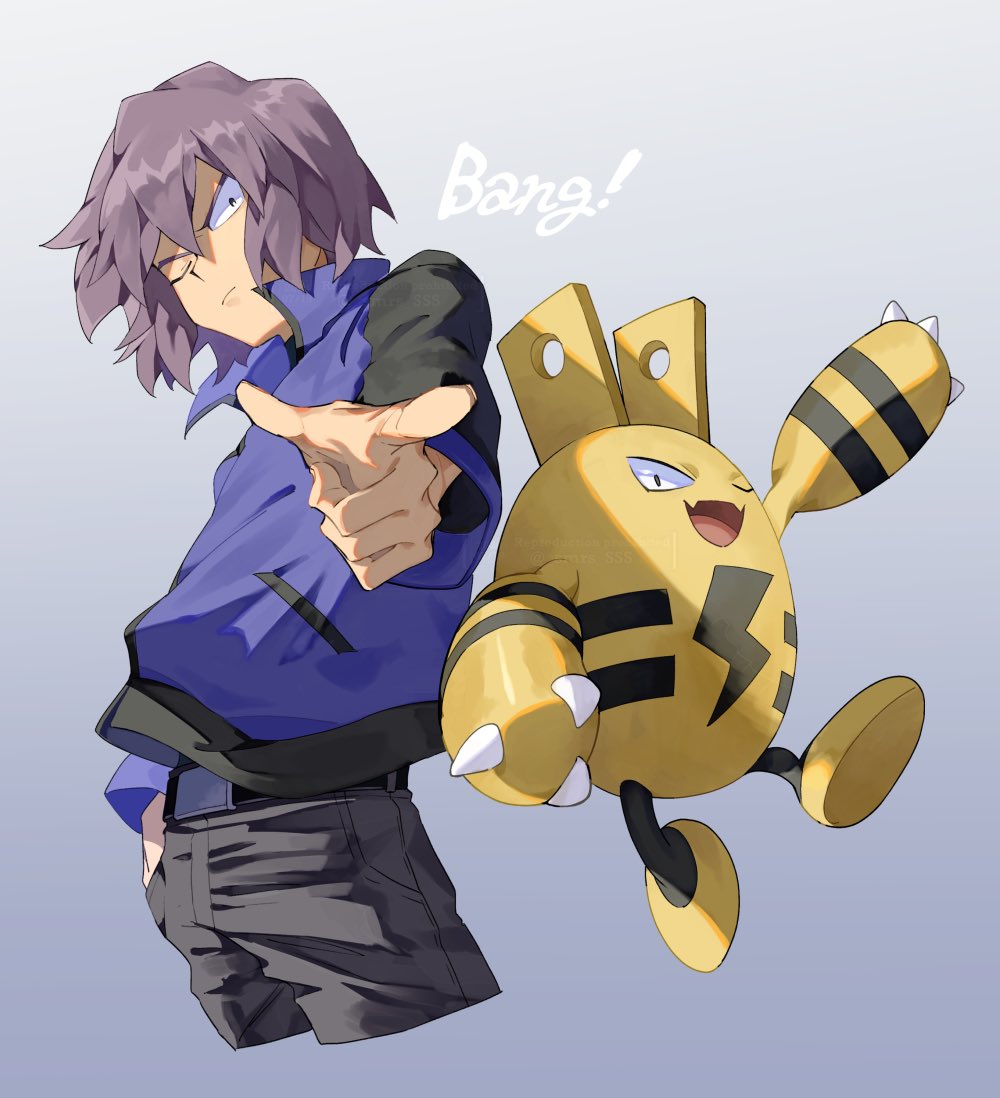 1boy belt belt_buckle black_eyes buckle closed_mouth commentary elekid gen_2_pokemon grey_background hand_in_pocket ichihara_yuuto jacket long_sleeves looking_at_viewer male_focus nintendo one_eye_closed pants paul_(pokemon) pointing pointing_at_viewer pokemon pokemon_(anime) pokemon_(creature) pokemon_dppt_(anime) short_hair symbol-only_commentary