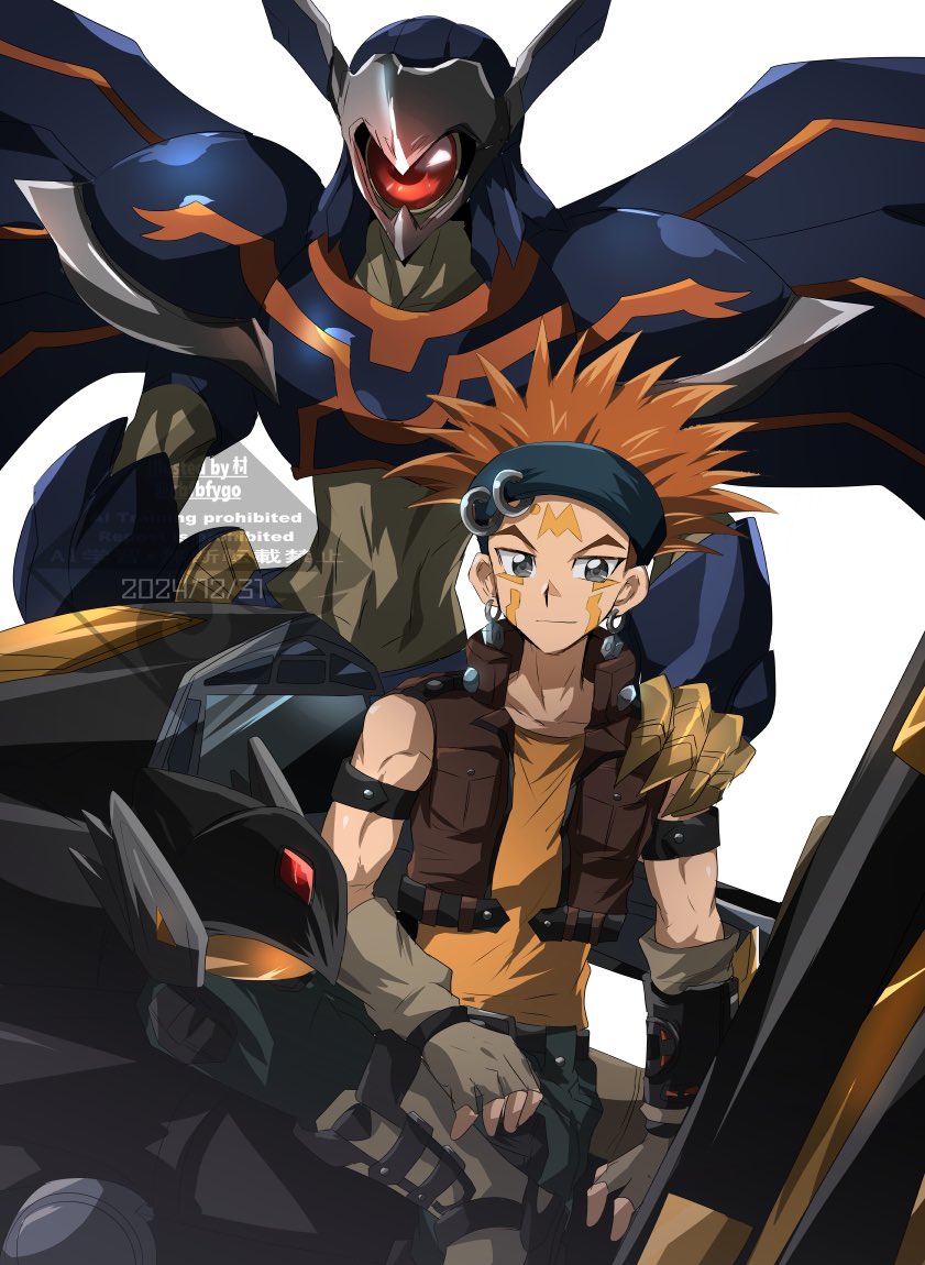 2boys abfbfygo armor black_armor black_helm blackwing_armor_master brown_hair brown_vest crow_hogan d-wheel helmet male_focus multiple_boys shirt simple_background sleeveless sleeveless_shirt unworn_headwear unworn_helmet vest white_background yu-gi-oh! yu-gi-oh!_5d&#039;s