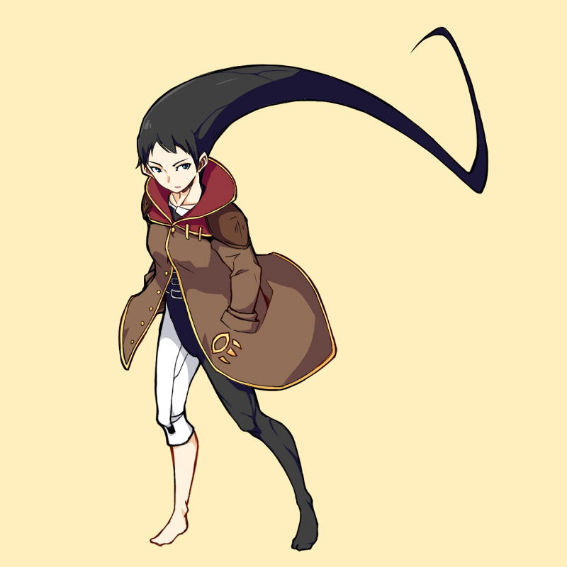 1girl asymmetrical_clothes azel_(panzer_dragoon) black_eyes black_hair black_legwear closed_mouth coat dream_demon female_focus full_body hands_in_pockets legs_apart long_hair long_sleeves looking_at_viewer pants panzer_dragoon single_pantsleg solo standing very_long_hair white_pants