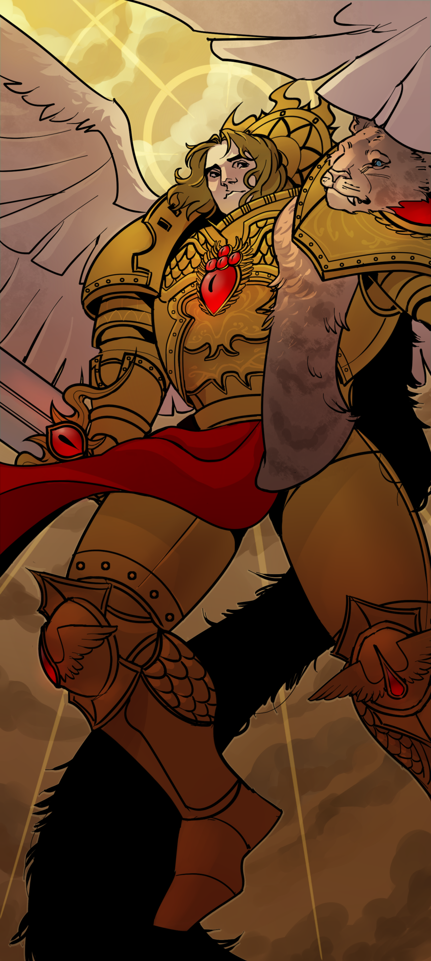 1boy angel angel_wings armor armored_boots black_eyes blade_encarmine blonde_hair blood_angels blue_eyes boots breastplate cloud commentary couter crotch_plate cuirass drop_symbol english_commentary fangs from_below gauntlets gold_armor greaves halo highres holding holding_sword holding_weapon leg_armor leopard_pelt lips male_focus medium_hair natalia_kikicheva nose ornate_armor outdoors pauldrons pelt pelvic_curtain poleyn power_armor rerebrace sanguinius shoulder_armor smile snow_leopard_pelt sun_symbol sword warhammer_40k weapon white_wings wings