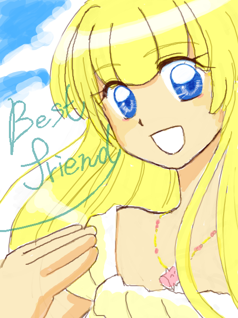 1girl artist_request bad_id bad_pixiv_id blonde_hair blue_eyes drawback english_text female_focus jewelry long_hair magical_pokemon_journey necklace nintendo open_mouth pokemon sandy_(pokemon) sky solo