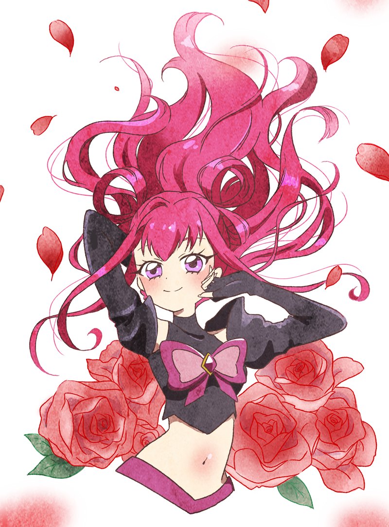 1girl blush butterfly_brooch butterfly_earrings crystal dark_cure_(yes!_precure_5) dark_dream detached_sleeves earrings fingerless_gloves flower gloves hair_floating_upwards hair_rings hoppetoonaka3 jewelry long_hair midriff navel petals pink_hair precure purple_eyes red_flower red_rose rose rose_petals solo yes!_precure_5