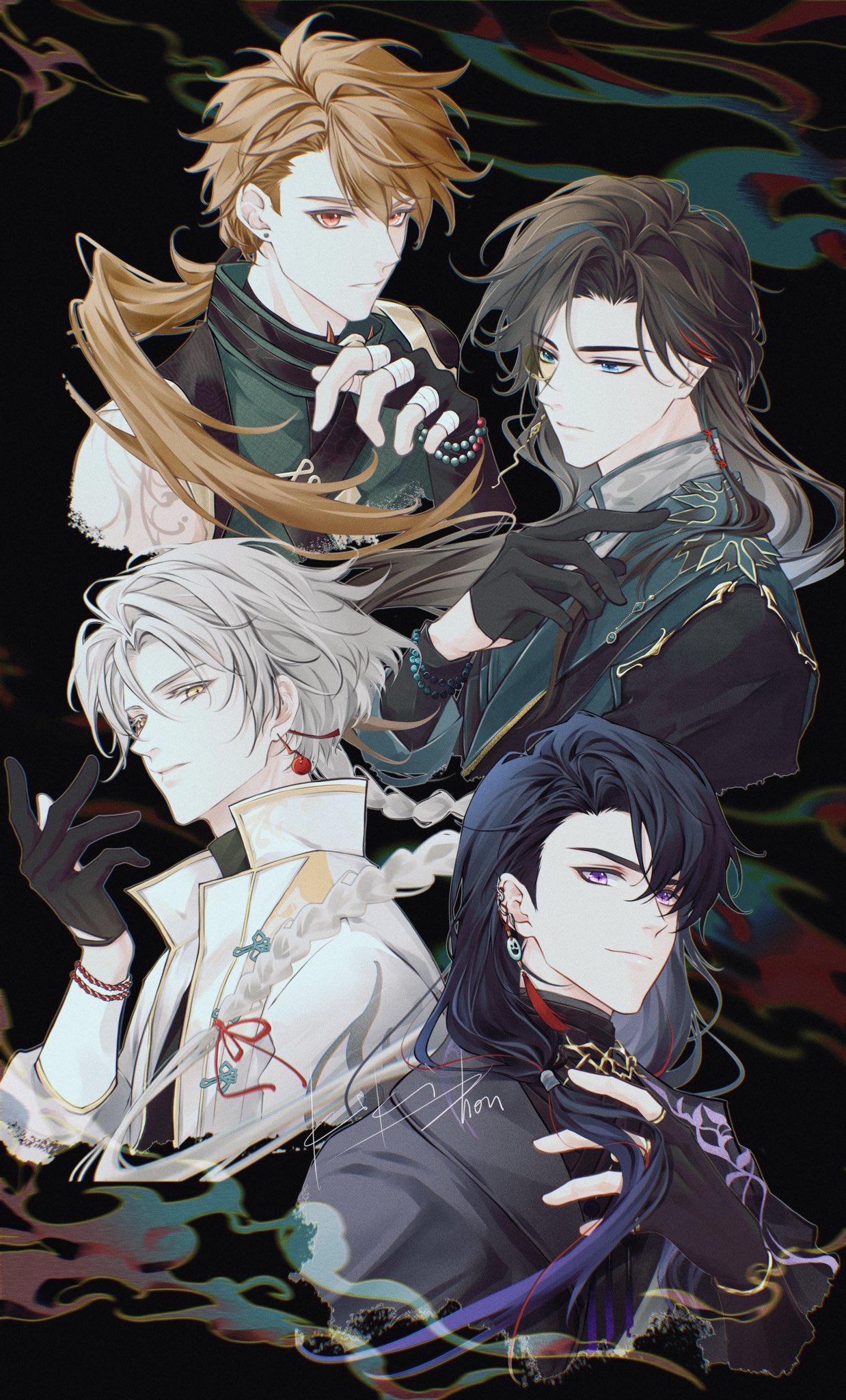 4boys artem_wing_(tears_of_themis) bead_bracelet beads black_background black_gloves black_hair black_jacket black_shirt blue_eyes bracelet brown_hair commentary_request fingerless_gloves gloves grey_hair half-closed_eyes highres jacket jewelry kikizhouu long_hair luke_pearce_(tears_of_themis) male_focus marius_von_hagen_(tears_of_themis) multiple_boys purple_eyes red_eyes shirt tears_of_themis vyn_richter_(tears_of_themis) white_jacket yellow_eyes