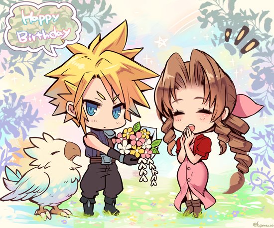 1boy 1girl aerith_gainsborough armor belt bird birthday blonde_hair blue_eyes blue_pants blue_shirt blush boots bouquet brown_hair buttons chibi chocobo closed_eyes cloud_strife curly_hair dress final_fantasy final_fantasy_vii flower fujimaru_(green_sparrow) gloves grass hair_ribbon holding holding_bouquet jacket long_dress long_hair open_mouth own_hands_together pants parted_bangs pink_dress pink_ribbon red_jacket ribbon ringlets shirt shoulder_armor sidelocks sleeveless sleeveless_turtleneck spiked_hair square_enix suspenders teeth turtleneck upper_teeth_only