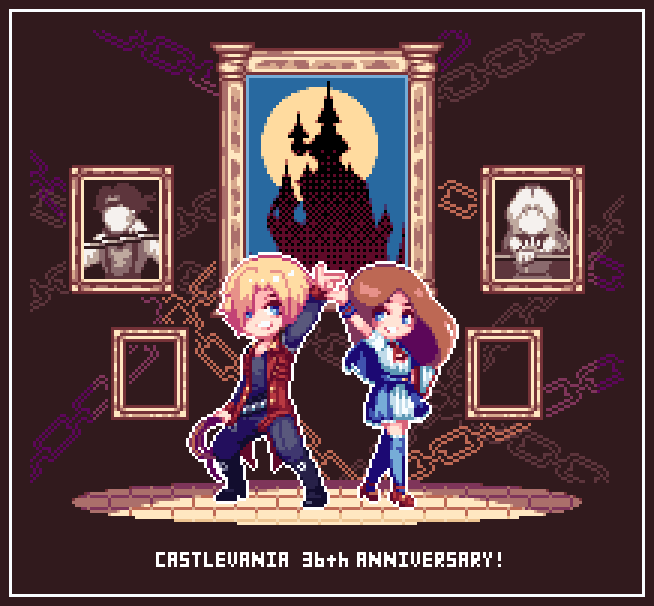 1boy 1girl anniversary ascot black_shirt blonde_hair blue_thighhighs book brown_hair castlevania:_portrait_of_ruin castlevania_(series) chain charlotte_aulin coat copyright_name eric_lecarde frdm_mmj holding holding_book holding_whip john_morris_(castlevania) jonathan_morris pixel_art portrait_(object) red_ascot red_coat shirt skirt thighhighs whip white_shirt