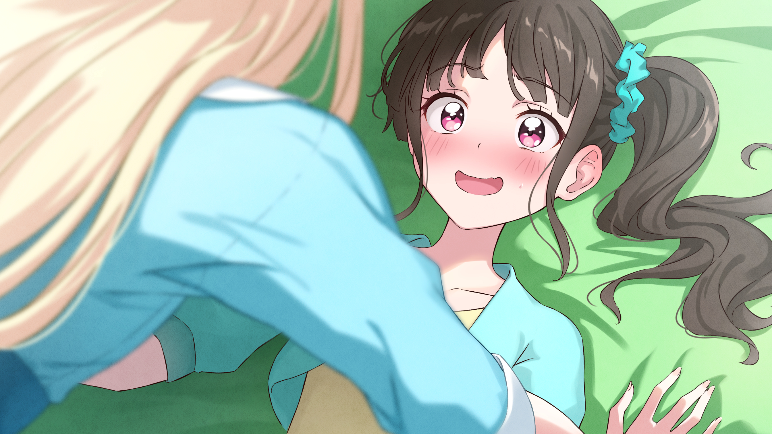 2girls blonde_hair blue_dress blush brown_hair commentary dress hair_ornament hair_scrunchie highres long_hair long_sleeves looking_at_another lying multiple_girls nekoyashiki_mayu nekoyashiki_yuki nuenue on_back open_mouth pink_eyes precure scrunchie shirt side_ponytail wonderful_precure! yellow_shirt yuri