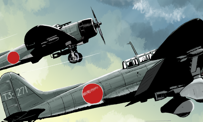 aircraft airplane bomber cloud d3a dive_bomber gun imperial_japanese_navy matsuda_juukou military military_vehicle millipen_(medium) original pen_(medium) propeller propeller_fighter sky traditional_media vehicle_focus weapon world_war_ii