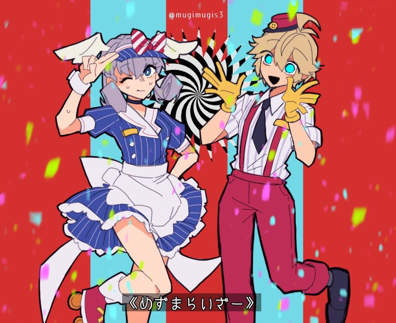 1boy 1girl aqua_eyes black_necktie blonde_hair blue_dress bow confetti dress gloves grey_hair hair_bow hat head_wings melia_antiqua mesmerizer_(vocaloid) mini_hat mugimugis necktie no_pupils one_eye_closed pants red_pants roller_skates short_dress shulk_(xenoblade) skates striped_background striped_bow visor_cap wings xenoblade_chronicles_(series) xenoblade_chronicles_1 yellow_gloves