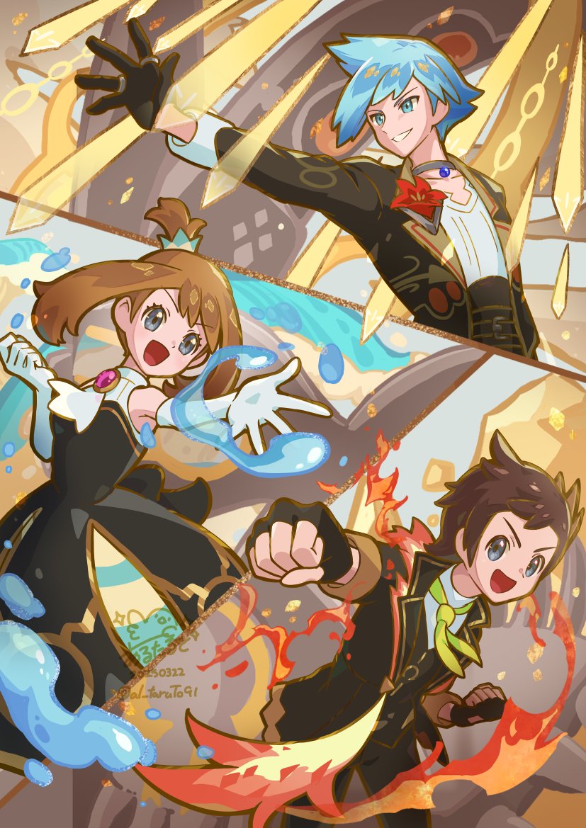 1girl 2boys :d arutarika_(ri_kaoekaki) ascot black_dress black_gloves black_jacket black_pants black_vest blue_eyes blue_hair brendan_(champion)_(pokemon) brendan_(pokemon) brown_hair clenched_hand clenched_hands dress elbow_gloves fingerless_gloves fire gen_3_pokemon gloves grey_eyes groudon jacket kyogre legendary_pokemon long_sleeves may_(champion)_(pokemon) may_(pokemon) mega_pokemon mega_rayquaza multiple_boys nintendo official_alternate_costume open_clothes open_jacket open_mouth pants pokemon pokemon_(creature) pokemon_masters_ex primal_groudon primal_kyogre rayquaza short_hair sleeveless sleeveless_dress smile steven_stone steven_stone_(anniversary_2021) twitter_username vest water white_ascot white_gloves