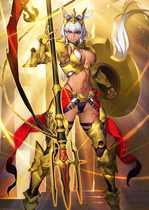 1girl armor azusa_(hws) banner bikini blue_eyes breasts caenis_(fate) caenis_(third_ascension)_(fate) dark-skinned_female dark_skin dog_tags fate/grand_order fate_(series) gold_armor hair_intakes hairband headpiece highleg highleg_bikini large_breasts nail_polish navel official_art shield shoulder_plates staff swimsuit tattoo white_hair white_nails