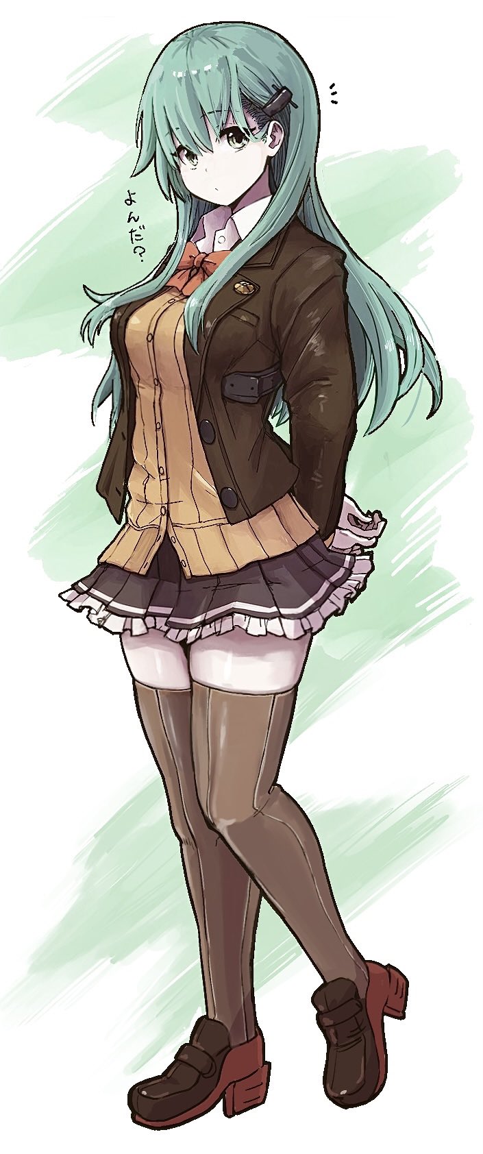 1girl aqua_eyes aqua_hair blazer blush bow bowtie breasts brown_jacket brown_skirt brown_thighhighs cardigan frilled_skirt frills full_body gradient_background green_background green_eyes hair_ornament hairclip highres jacket kantai_collection long_hair looking_at_viewer open_cardigan open_clothes orange_bow orange_bowtie pleated_skirt red_bow red_bowtie school_uniform shirt skirt smile solo suzuya_(kancolle) suzuya_kai_ni_(kancolle) thighhighs unagiman white_shirt