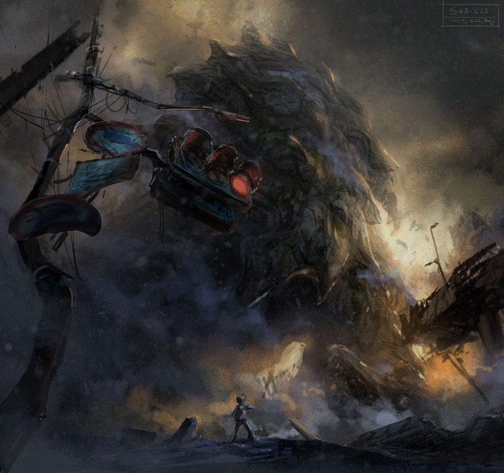 1boy blood bridge car colored_blood concept_art debris destruction eyeball gamera gamera_(2015_short) gamera_(series) green_blood gyaos kadokawa kaiju manafu marza_animation_planet motor_vehicle official_art omnibus_japan open_mouth promotional_art shell smoke lamppost takahama_kan tongue traffic_light turtle_shell