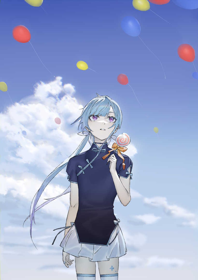 1boy amane_louis aqua_hair balloon blue_nails blue_shirt blunt_bangs bow candy cloud crossdressing food hair_bow holding holding_candy holding_food holding_lollipop leg_tattoo lollipop looking_up male_focus mi8pq miniskirt purple_eyes ribbon shirt skirt sky tattoo thighhighs trap twintails utau white_thighhighs
