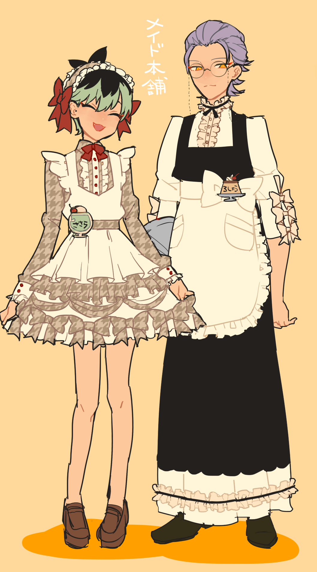 2boys ^3^ alternate_costume alternate_eye_color apron black_dress bow brown_dress brown_shoes character_name closed_eyes collared_dress crossdressing dress ear_piercing eyewear_strap fangs flat_color food frilled_apron frilled_dress frilled_shirt_collar frilled_sleeves frills glasses green_hair hair_between_eyes hair_slicked_back head_tilt highres holding holding_tray houndstooth hypnosis_mic ice_cream ice_cream_float knees light_smile loafers long_dress long_sleeves looking_to_the_side loose_hair_strand maid maid_apron maid_headdress male_focus male_maid melon_soda multiple_boys name_tag neck_ribbon nurude_sasara open_mouth piercing pigeon-toed pudding purple_eyes ribbon round_eyewear seu_tsu shadow shoes short_dress short_hair simple_background skirt_hold standing tray tsutsujimori_rosho yellow_background yellow_eyes