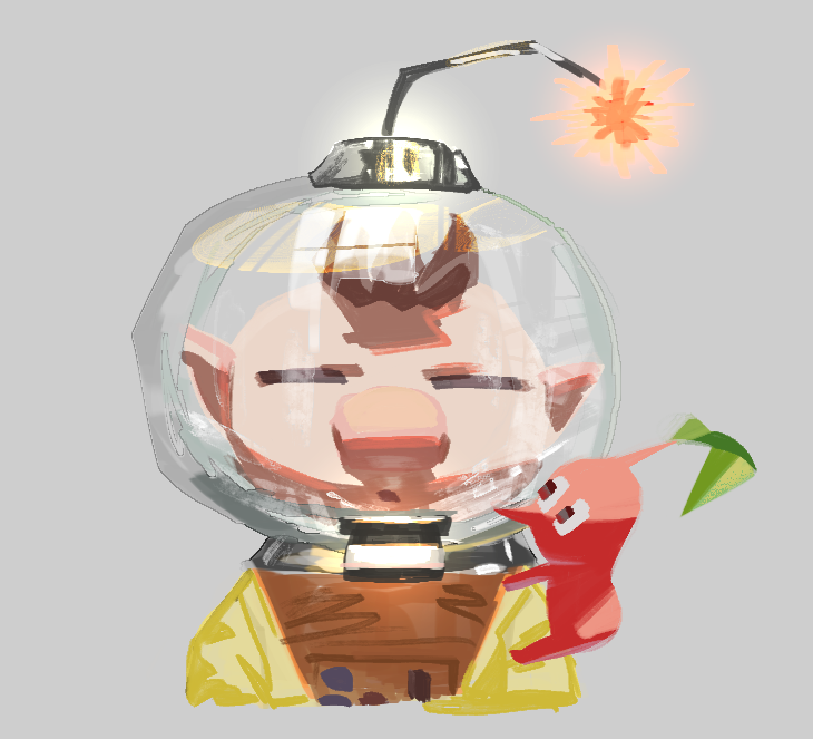 1boy :o big_nose brown_hair closed_eyes creature creature_on_shoulder dancho_no_mori facing_viewer fishbowl_helmet grey_background helmet lit_fuse male_focus nintendo olimar on_shoulder pikmin_(creature) pikmin_(series) pointy_ears portrait red_pikmin round_nose short_hair space_helmet spacesuit very_short_hair