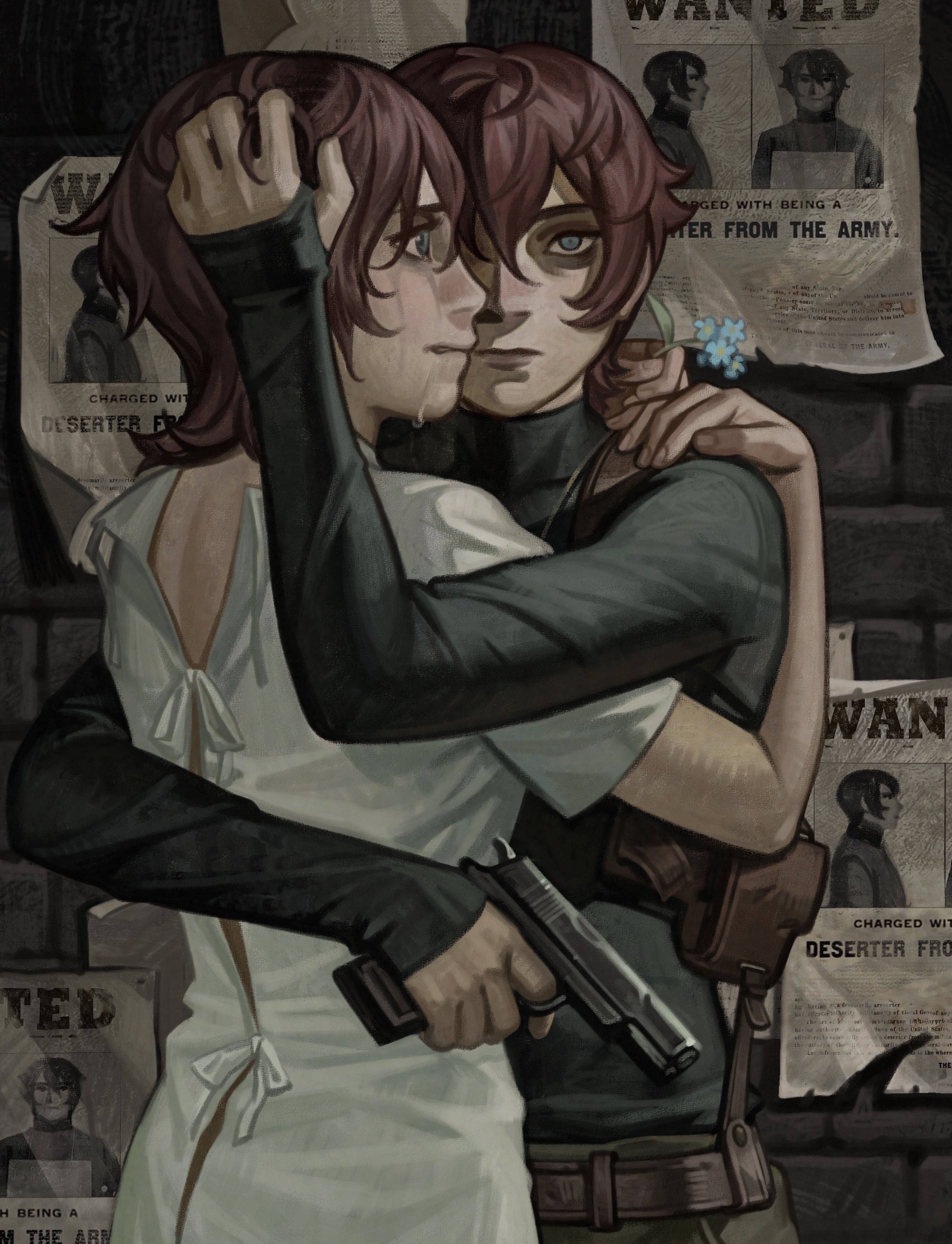 2girls absurdres arm_around_back arm_around_neck bag bags_under_eyes belt blue_eyes brick_wall brown_hair clone constricted_pupils crying crying_with_eyes_open double-parted_bangs dress dual_persona english_text flower forget-me-not_(flower) gun hair_between_eyes hand_on_another&#039;s_head hand_on_another&#039;s_shoulder handgun highres holding holding_flower holding_gun holding_weapon hug looking_at_viewer multiple_girls original photo_(object) short_hair shoulder_bag silverheather tears upper_body wanted_poster weapon white_dress