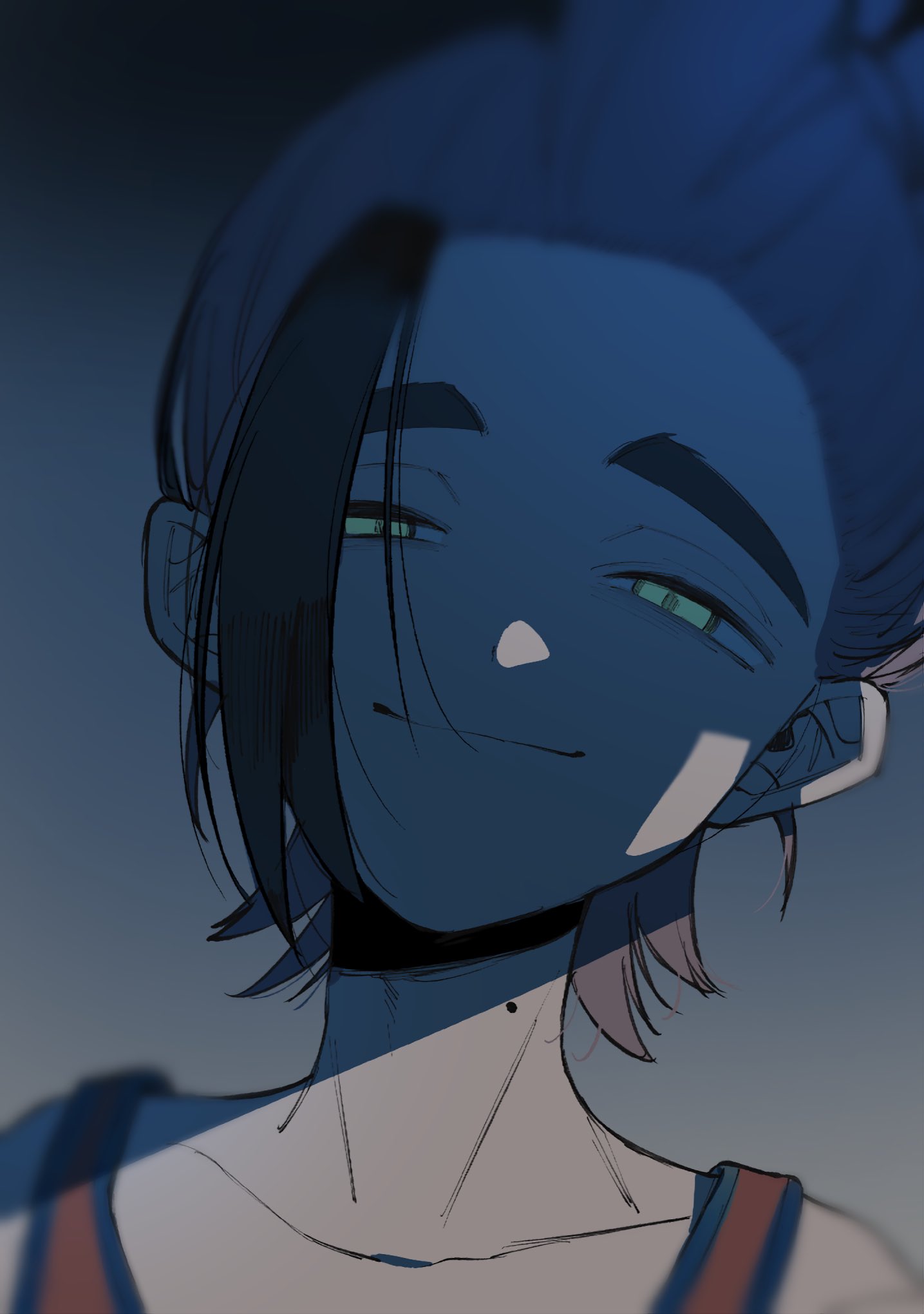 1boy black_hair closed_mouth commentary gradient_background green_eyes grey_background half-closed_eyes hei_tai_(kyaputen1) highres kieran_(pokemon) looking_at_viewer male_focus mole mole_on_neck multicolored_hair nintendo pokemon pokemon_sv portrait purple_hair red_tank_top simple_background solo tank_top yellow_eyes