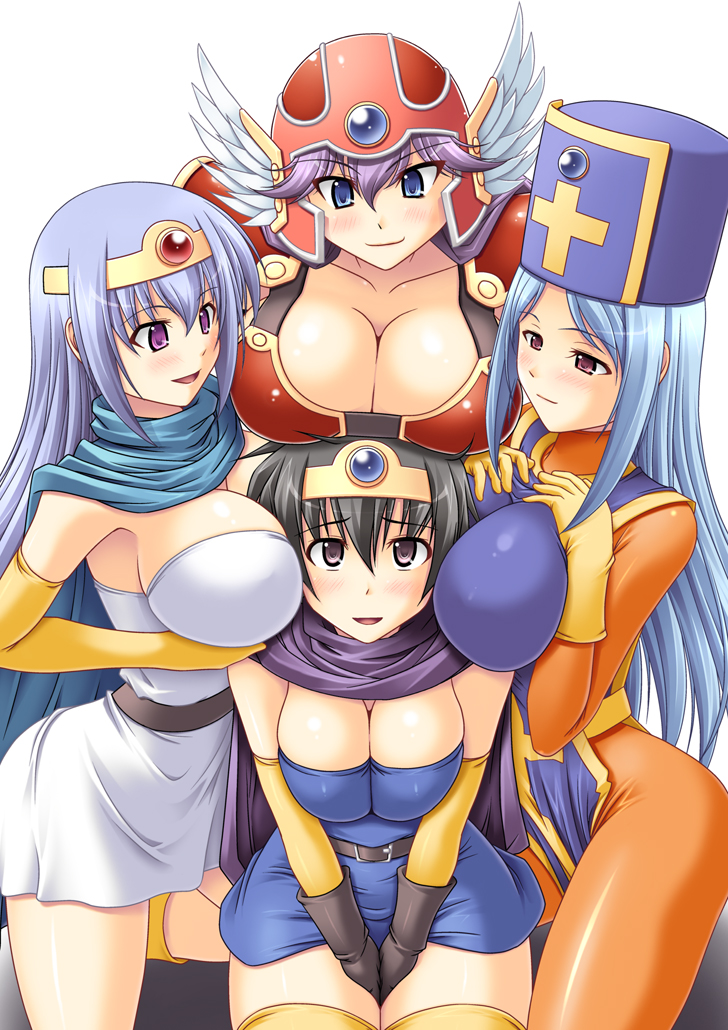 4girls abu armor belt bikini_armor black_hair blue_hair blue_hat blue_tabard blush bodysuit breast_rest breast_smother breast_suppress breasts breasts_on_head brown_eyes cape chunsoft circlet cleavage cooperative_breast_smother dragon_quest dragon_quest_iii elbow_gloves enix face_to_breasts girl_sandwich gloves harem hat head_wings helmet large_breasts latex latex_gloves long_hair mitre multiple_girls open_mouth priest_(dq3) purple_eyes purple_hair roto_(dq3) sage_(dq3) sandwiched short_hair smile tabard teamwork_(sexual) thighhighs warrior_(dq3) wings zettai_ryouiki
