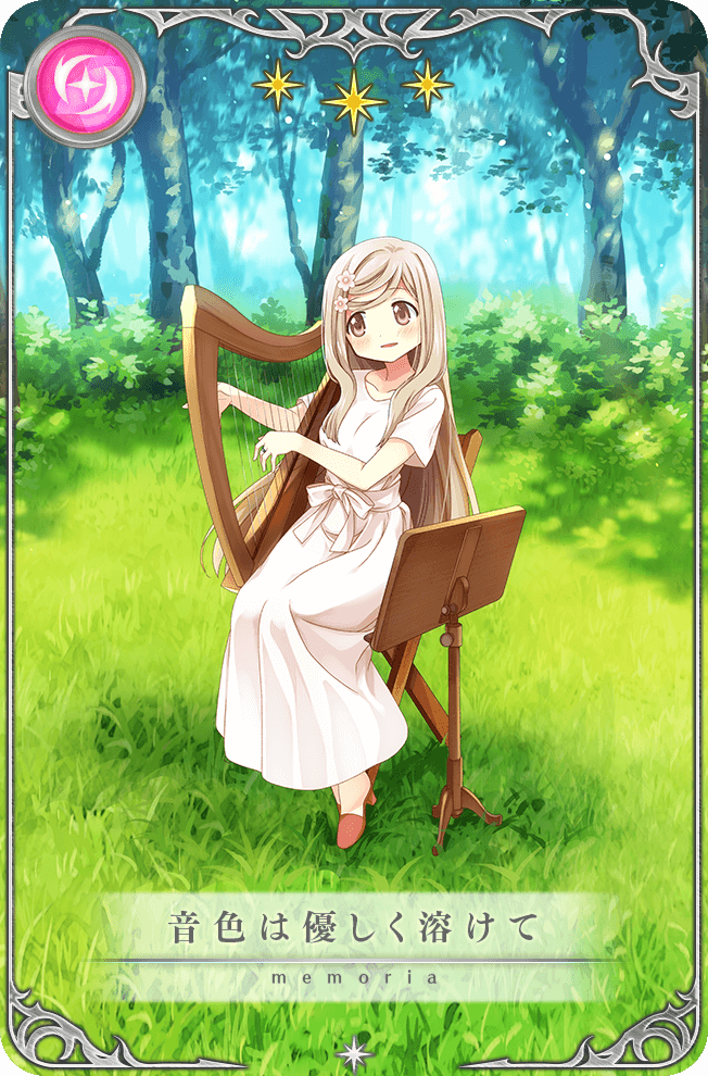 1girl artist_request bare_arms bow brown_eyes brown_hair bush card_(medium) chair day dot_nose dress flower foreshortening full_body game_cg grass hair_flower hair_ornament happy harp high_heels instrument kurusu_alexandra light_blush light_particles long_dress long_hair looking_at_object magia_record:_mahou_shoujo_madoka_magica_gaiden mahou_shoujo_madoka_magica music music_stand official_art on_chair open_mouth outdoors picture_frame playing_instrument pleated_dress red_footwear shadow short_sleeves sidelocks sitting smile solo star_(symbol) tareme translated very_long_hair waist_bow white_bow white_dress white_flower