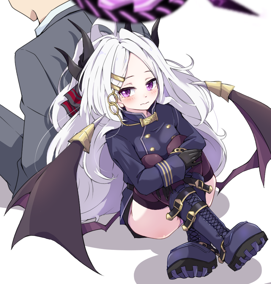 1boy 1girl ahoge black_gloves blue_archive blurry blush boots breasts commentary full_body gloves grey_jacket halo hina_(blue_archive) horns jacket looking_at_viewer mosuke1221 purple_eyes purple_footwear purple_halo purple_jacket purple_skirt shadow sitting skirt white_background white_hair wings