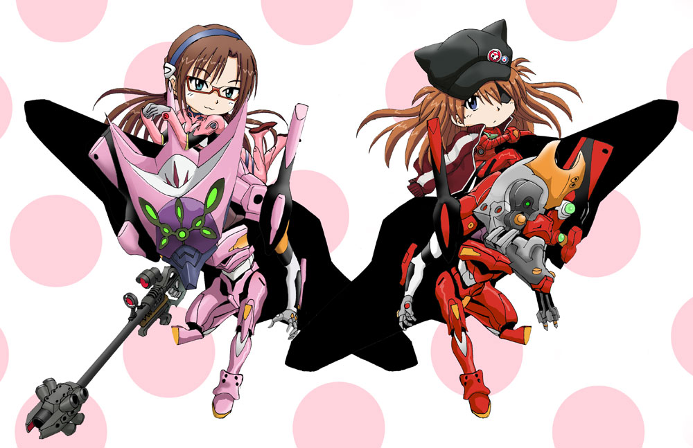 00s 10s 2girls :3 akiran_(r32) animal_hat anti-materiel_rifle beam_rifle blue_eyes bodysuit brown_hair cat_hat chibi energy_gun eva_02 eva_05 eva_08 evangelion:_2.0_you_can_(not)_advance evangelion:_3.0_you_can_(not)_redo eyepatch glasses gun hairband hat humanoid_robot long_hair makinami_mari_illustrious mecha mecha_pilot_suit multiple_girls neon_genesis_evangelion on_mecha plugsuit_(evangelion) rebuild_of_evangelion red-framed_eyewear rifle robot semi-rimless_eyewear sniper_rifle souryuu_asuka_langley under-rim_eyewear weapon