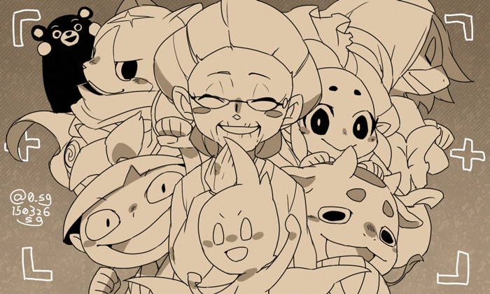 10s amano_yukiko amano_yukiko_(youkai_watch) artist_name bear blush_stickers cape cat character_name crossed_arms dated fuyunyan glasses kappa_(youkai_watch) kudan_(youkai_watch) kumamon monochrome ningyo_(youkai_watch) open_mouth scar sg_(suuchan) smile twitter_username traditional_youkai youkai_guts_k youkai_watch youkai_watch_2 zashikiwarashi_(youkai_watch)