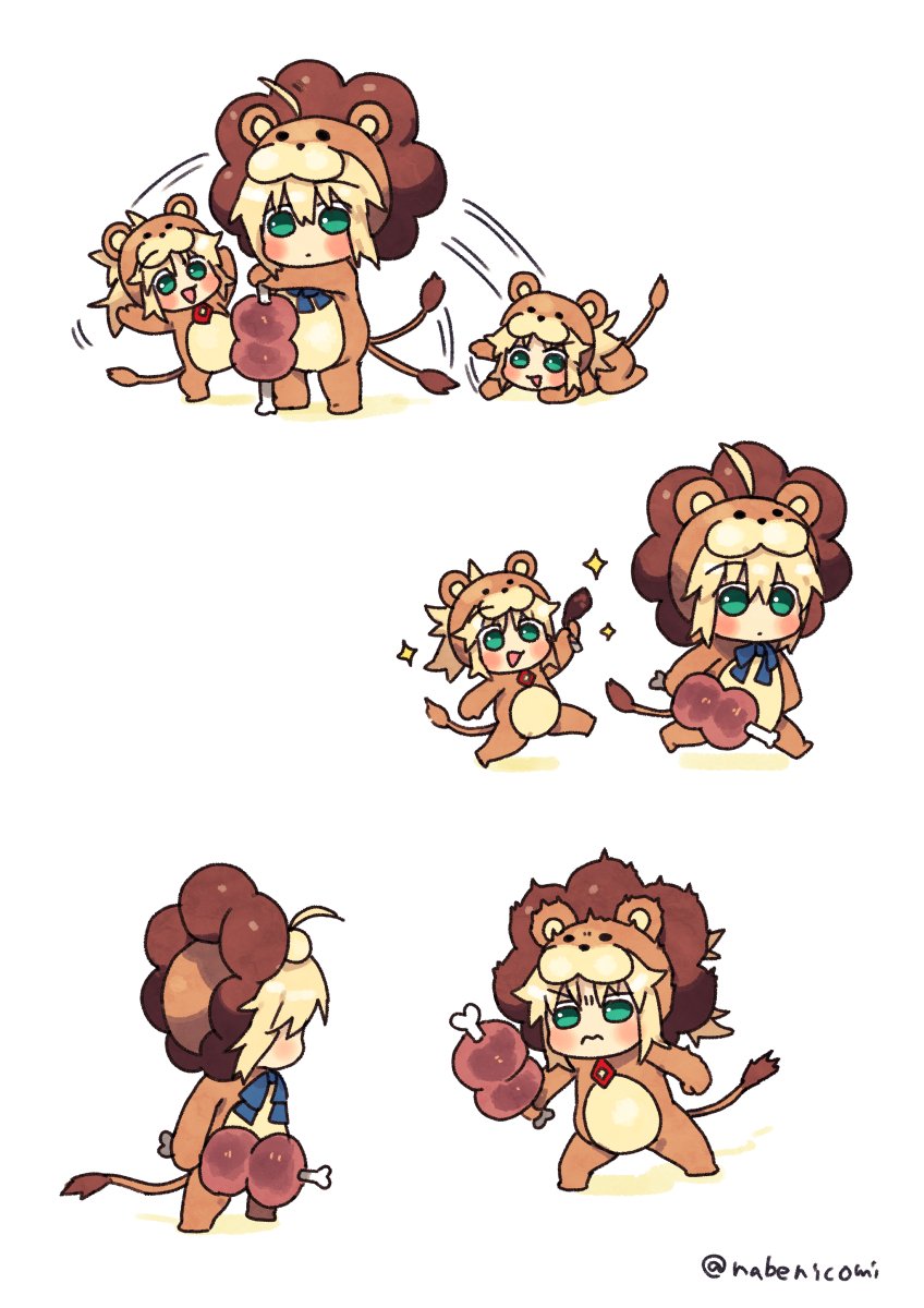 ahoge artoria_pendragon_(fate) blonde_hair boned_meat fate/grand_order fate_(series) food green_eyes highres meat mordred_(fate) mordred_(fate/apocrypha) nabenko ribbon saber_(fate) saber_lion sparkle tail tail_wagging twitter_username