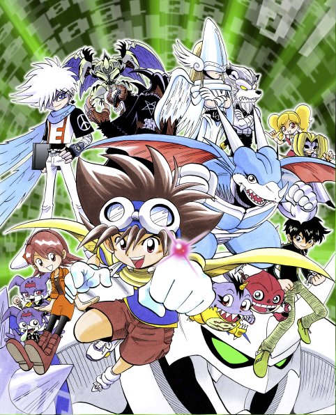 aerov-dramon arkadimon_ultimate blonde_hair cape demon_(digimon) digimon digimon_adventure_v-tamer_01 fujimoto_hideto gabumon gloves goggles goggles_on_head gotojuki_mari green_eyes holyangemon holyangemon_priest_mode horns igamon mask omegamon panjyamon petitmamon saiba_neo saiba_rei sharp_teeth sigma_(digimon) smile teeth wings yagami_taichi_(digimon_adventure_v-tamer_01)