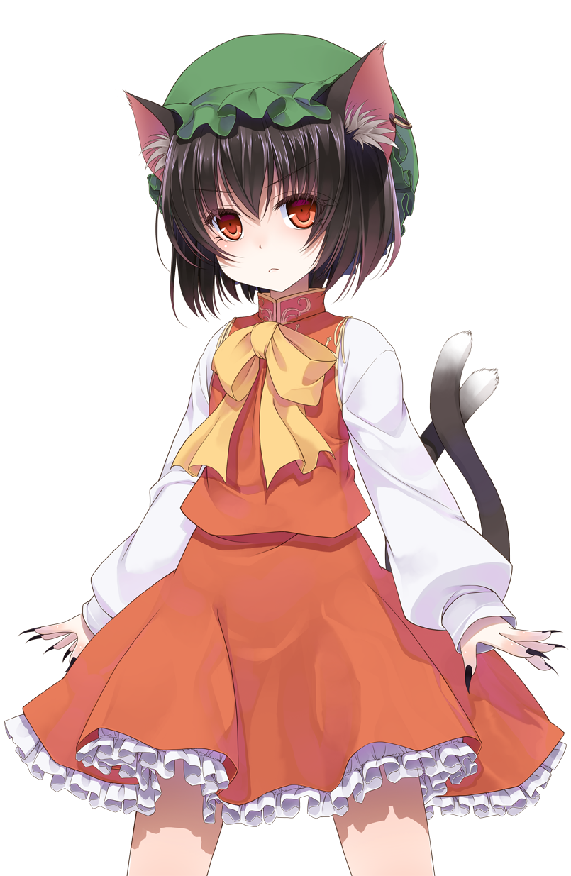 &gt;:( 1girl animal_ears black_nails bow brown_hair cat_ears cat_tail chen crote earrings frilled_skirt frills frown hat highres jewelry multiple_tails nail_polish nekomata orange_eyes shirt short_hair skirt tail touhou transparent_background two_tails v-shaped_eyebrows vest