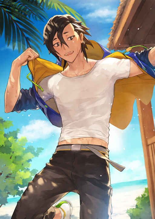 1boy beach belt black_hair black_pants blue_jacket blue_sky clothes_lift cowboy_shot drawstring dutch_angle fate/grand_order fate_(series) game_cg ginka_sima grey_belt grey_eyes hair_between_eyes hood hood_down hooded_jacket horizon jacket jacket_lift leg_up looking_at_viewer male_focus mandricardo_(fate) mandricardo_(summer_sportswear)_(fate) medium_hair midriff_peek ocean official_art open_clothes open_jacket open_mouth pants shirt shoes sky sleeves_pushed_up solo sweat swept_bangs t-shirt third-party_source two-sided_fabric two-sided_jacket very_sweaty white_shirt white_shoes white_streaks wind yellow_jacket