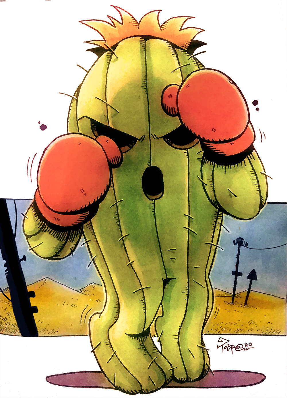 2020 boxing_gloves desert digimon digimon_(creature) fighting_stance full_body gloves hands_up highres hollow_eyes hollow_mouth looking_at_viewer open_mouth painting_(medium) plant_monster raised_fist raised_fists red_gloves road_sign sand sign silhouette standing taragraphika togemon traditional_media v-shaped_eyes watercolor_(medium)
