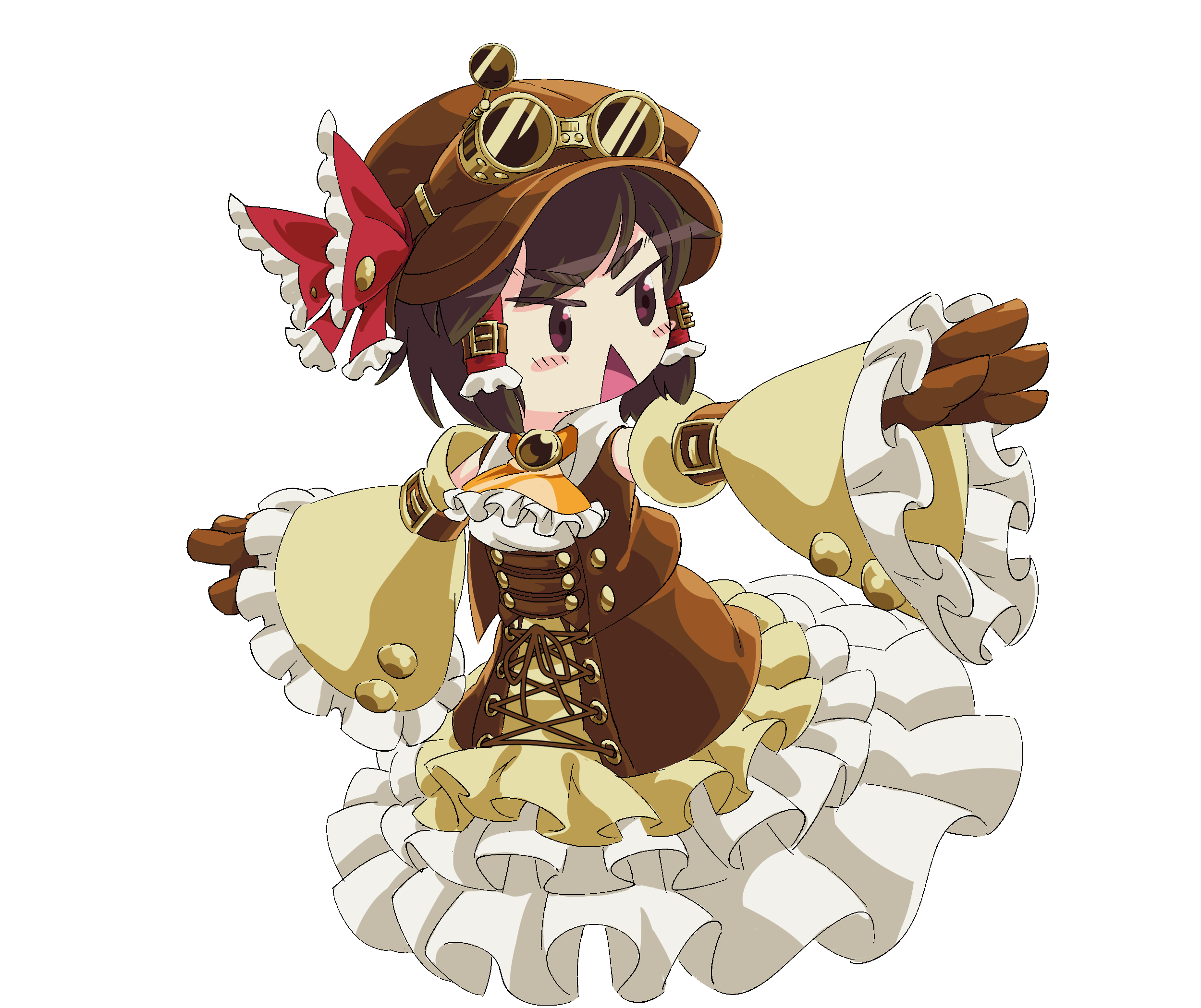 1girl alternate_costume ascot blush bow brown_brooch brown_eyes brown_gloves brown_hair brown_hat brown_skirt brown_vest newsboy_cap collared_shirt commentary_request cookie_(touhou) detached_sleeves frilled_ascot frilled_sleeves frills full_body gloves goggles goggles_on_headwear hair_tubes hakurei_reimu hat hat_bow highres looking_afar looking_to_the_side open_mouth red_bow sakenomi_(cookie) shirt short_hair simple_background skirt solo steampunk touhou triangle_mouth ukiwagirl v-shaped_eyes vest white_background white_shirt wide_sleeves yellow_sleeves