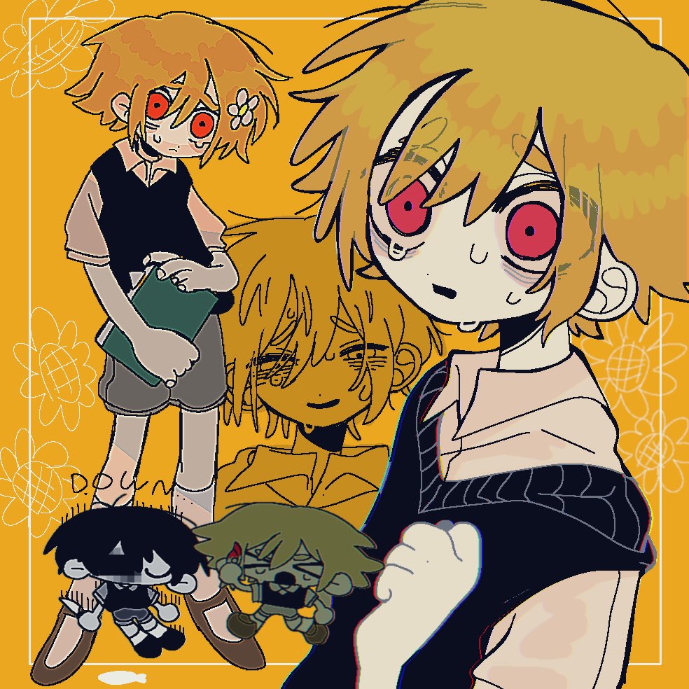 &gt;_&lt; 2boys :o basil_(faraway)_(omori) basil_(omori) black_hair black_sweater_vest blonde_hair book chibi closed_eyes closed_mouth collared_shirt gardening_shears holding holding_book holding_knife knife kobanzame_omo looking_at_viewer male_focus multiple_boys omori open_mouth red_eyes shirt short_sleeves simple_background socks spoilers sunny_(omori) sweat sweater_vest white_shirt white_socks yellow_background