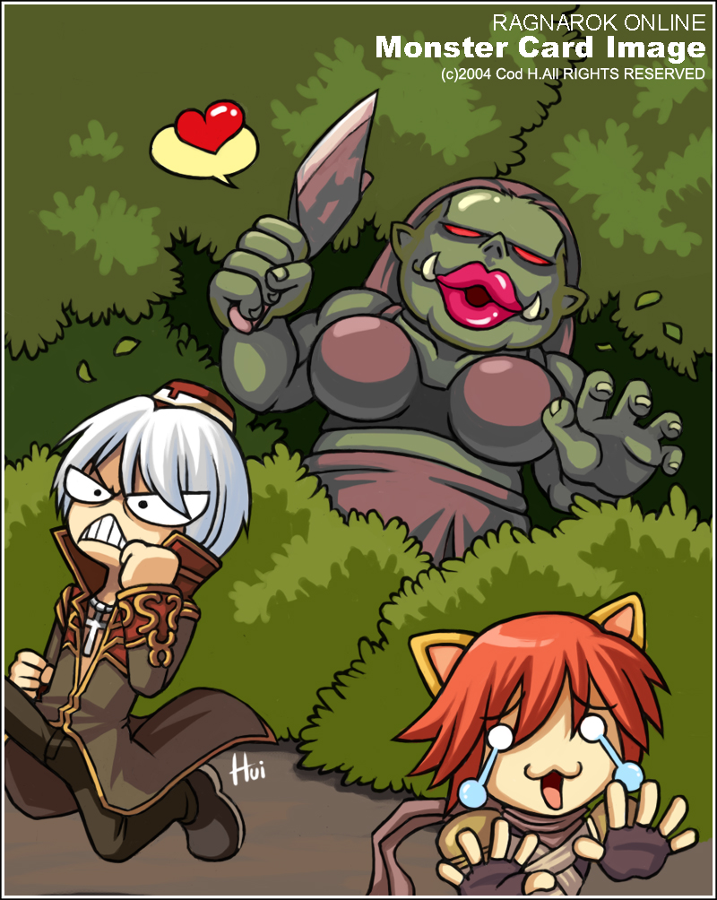 1girl 2000s_(style) 2004 2boys :3 armor assassin_(ragnarok_online) biretta black_gloves black_pants black_shoes brown_hat bush card_(medium) cleaver coat cod.h colored_skin commentary_request copyright_name feet_out_of_frame female_orc fingerless_gloves fleeing gloves gold_trim green_skin grey_coat hat heart holding holding_cleaver long_sleeves multicolored_coat multiple_boys o_o official_art orange_hair orc orc_lady_(ragnarok_online) pants pauldrons priest_(ragnarok_online) ragnarok_online red_coat red_eyes running shoes short_hair shoulder_armor two-tone_coat v-shaped_eyebrows