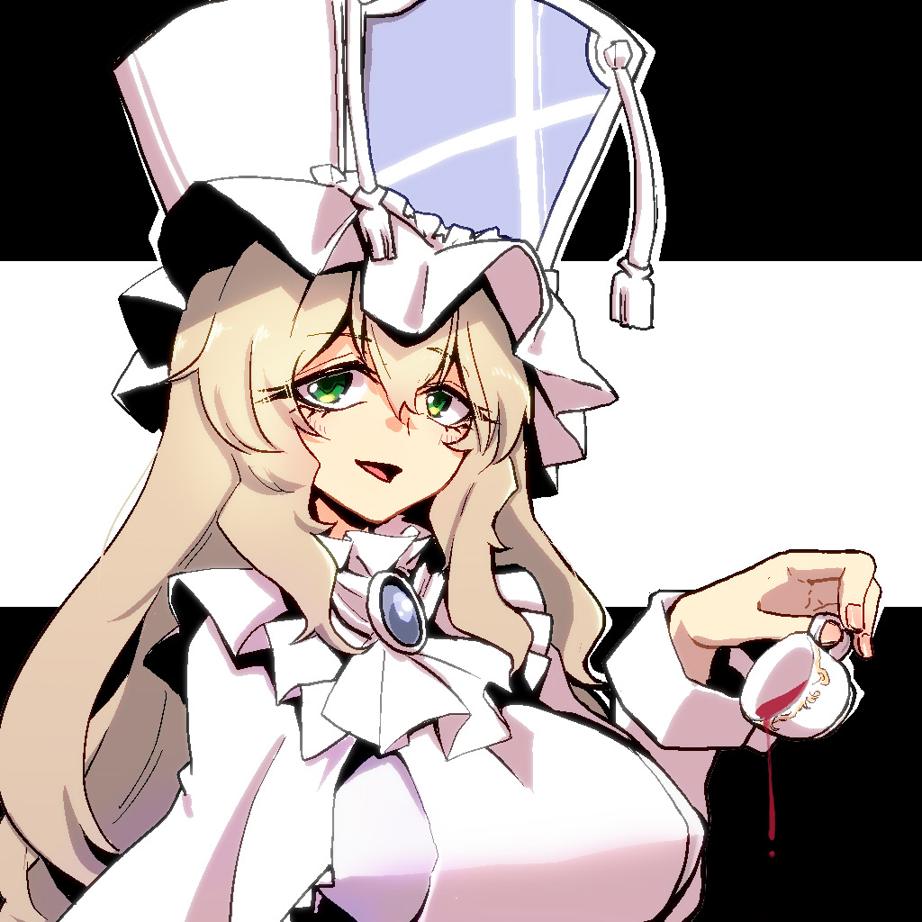 1girl amulet black_background blonde_hair breasts cropped_torso cup green_eyes grey_brooch long_hair magical_girl mahou_shoujo_madoka_magica mahou_shoujo_oriko_magica mengnaidu mikuni_oriko portrait tea teacup two-tone_background upper_body white_background