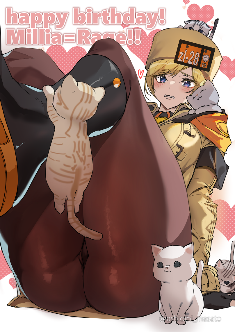 1girl :s ashiomi_masato ass ass_focus black_gloves blush boots brown_pantyhose cat collared_shirt eyebrows_hidden_by_hair fingerless_gloves gloves guilty_gear guilty_gear_strive hat heart heart-shaped_pupils high_collar huge_ass jacket leotard millia_rage panties pantyhose popped_collar see-through_clothes shirt swept_bangs symbol-shaped_pupils thick_thighs thighs underwear
