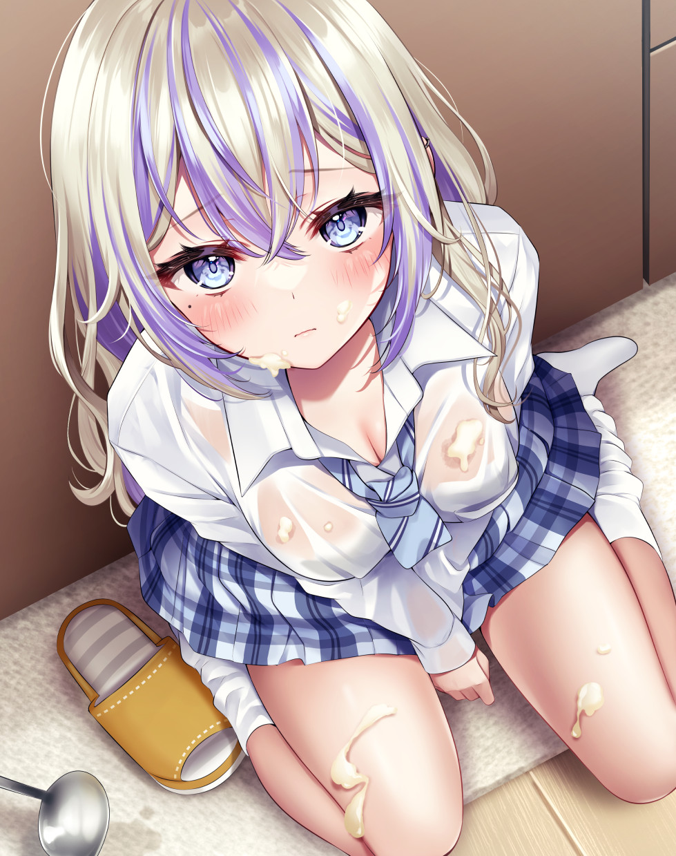 1girl between_legs blue_eyes blue_necktie blue_skirt blush breasts cleavage closed_mouth collared_shirt commentary cream_on_breasts cream_on_leg crossed_bangs diagonal-striped_clothes diagonal-striped_necktie from_above hand_between_legs highres ichinose_suzuka_(nangyaru) ladle large_breasts looking_at_viewer loose_socks miniskirt multicolored_hair naanni_mo_dekinai_gyaru_ga_yuiitsu_dekiru_koto necktie no_shoes official_art on_floor plaid_clothes plaid_skirt pleated_skirt purple_hair school_uniform see-through_clothes see-through_shirt shirt single_slipper sitting skirt slippers socks solo streaked_hair striped_clothes suggestive_fluid unworn_slippers wariza wet wet_clothes wet_shirt white_shirt white_socks yugaa